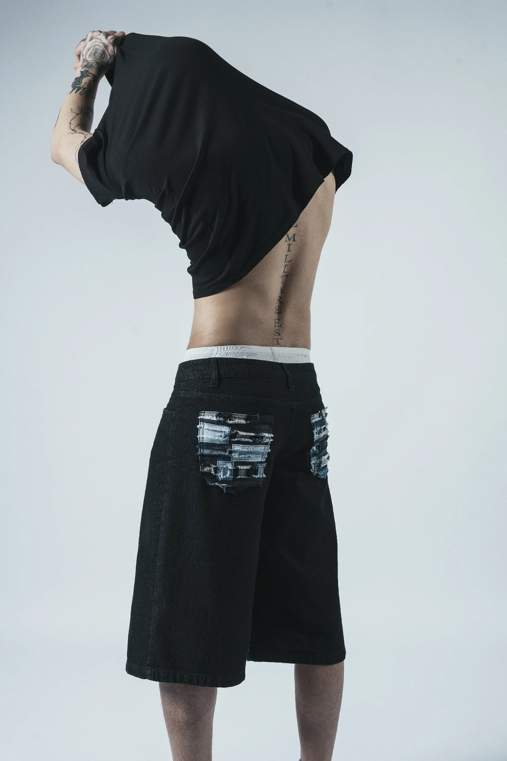 Black Patchwork Denim Shorts