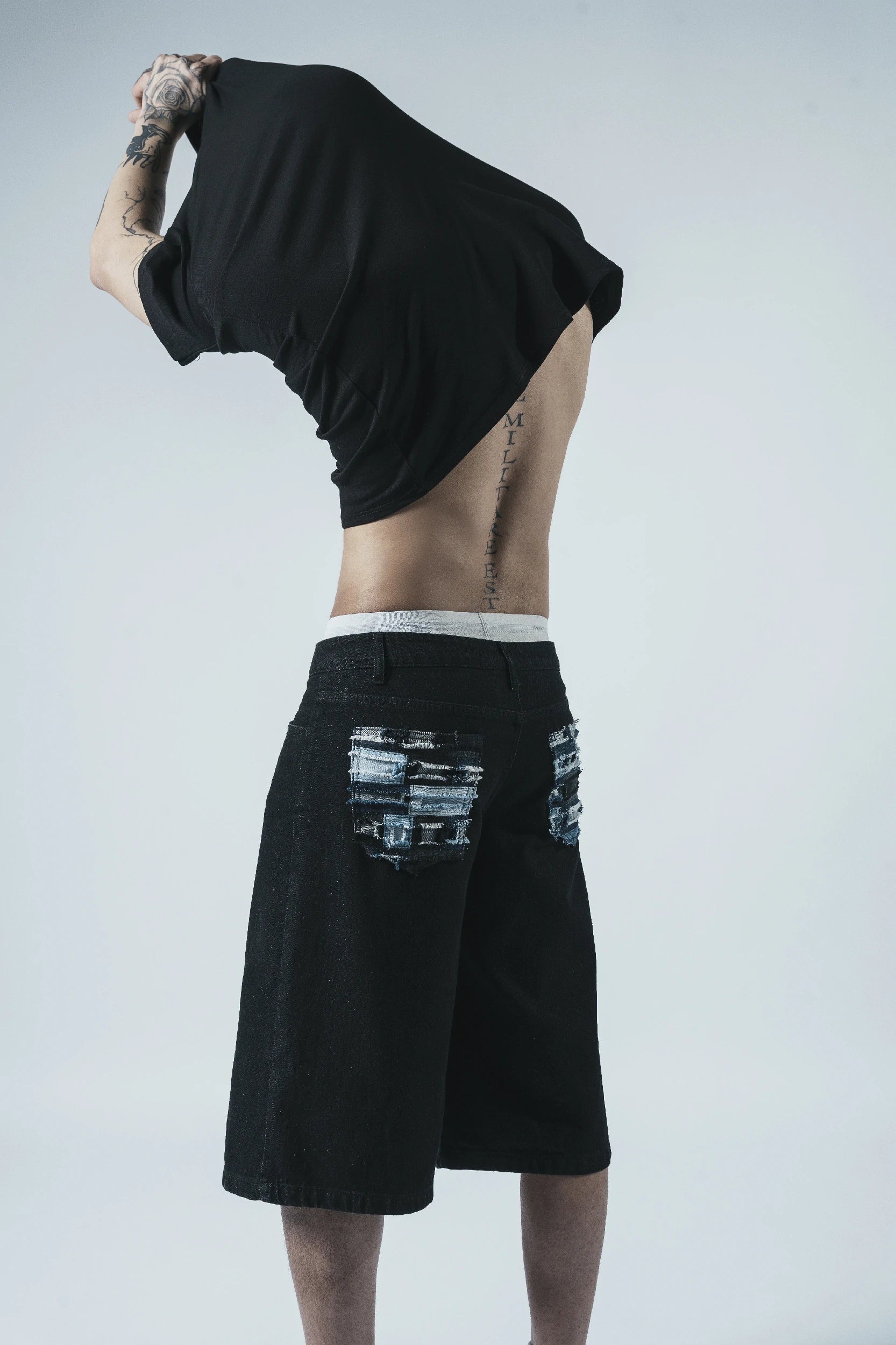 Black Patchwork Denim Shorts