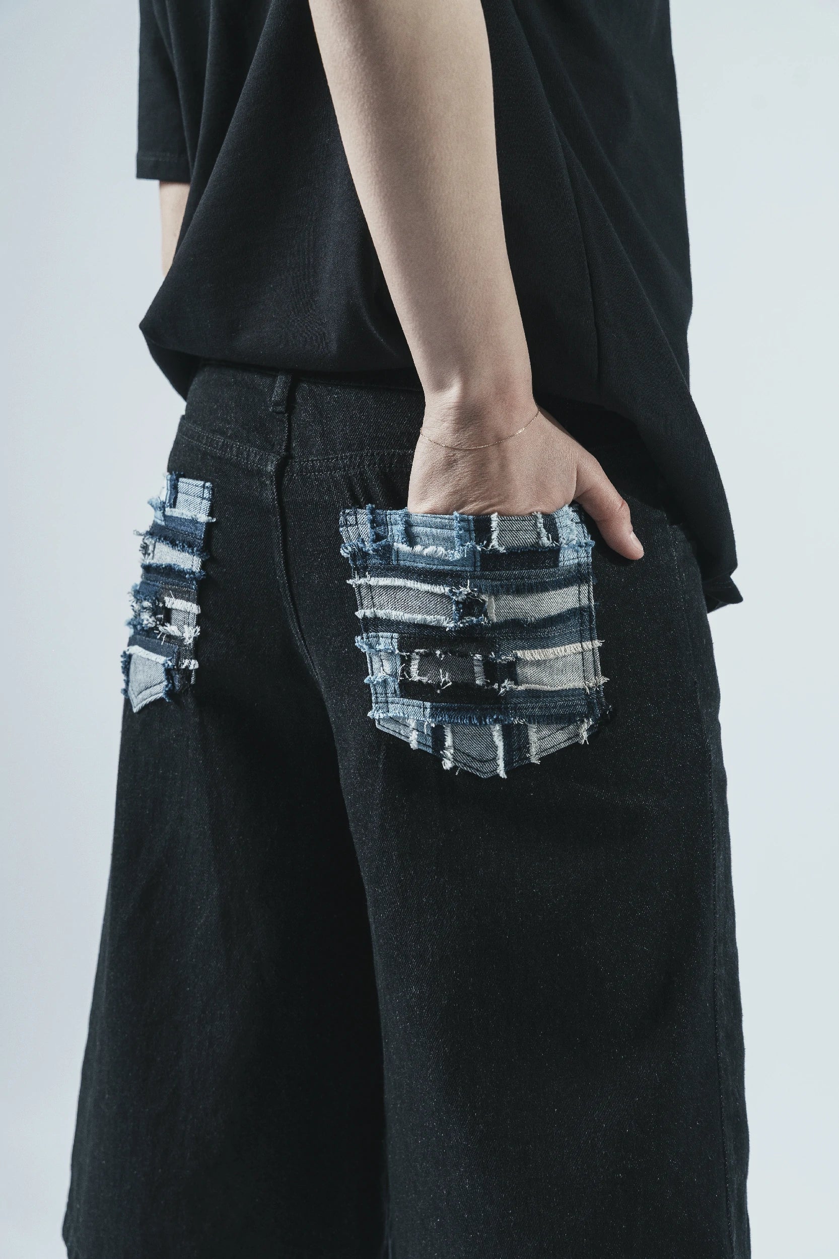 Black Patchwork Denim Shorts