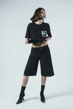 Black Patchwork Denim Shorts