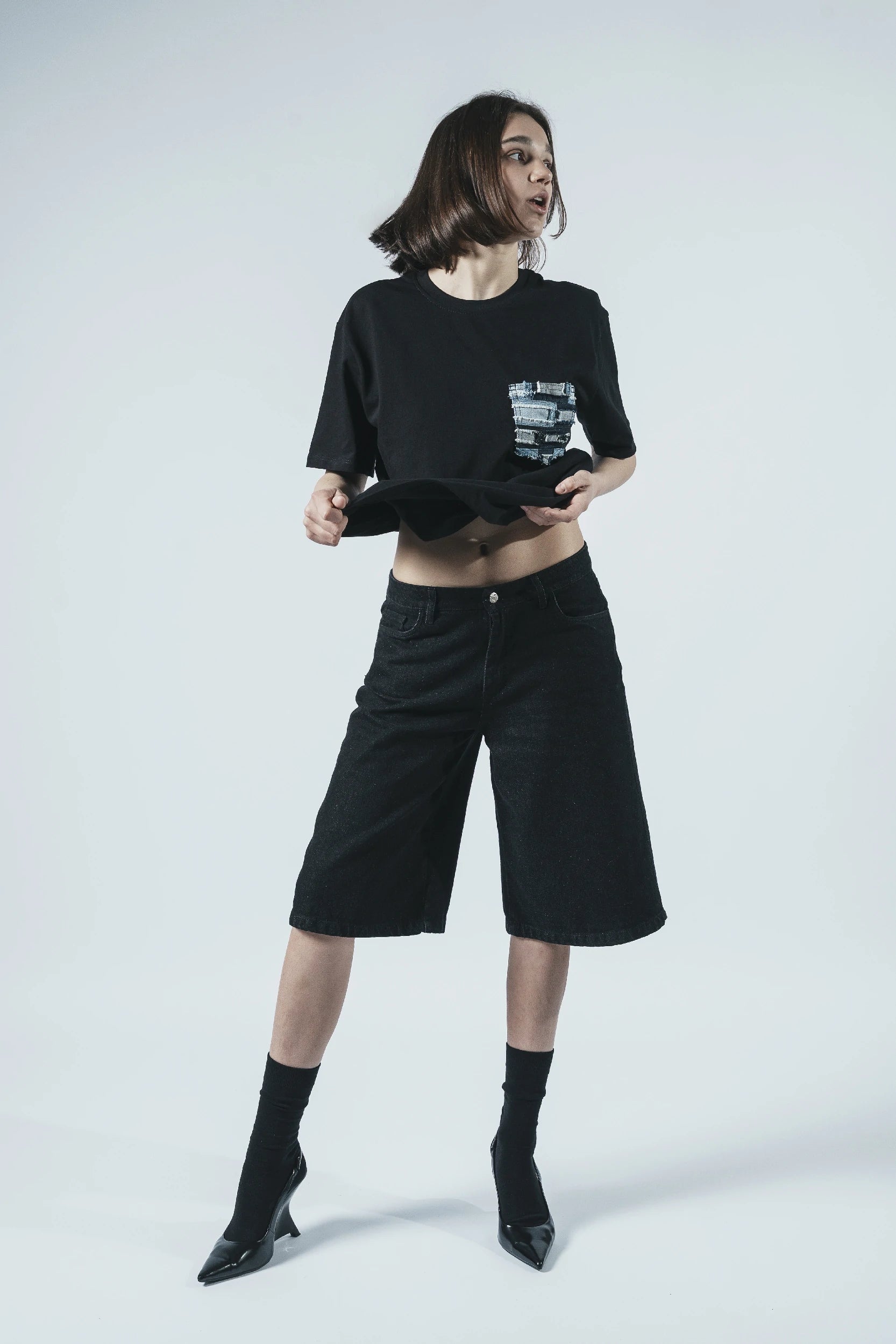 Black Patchwork Denim Shorts