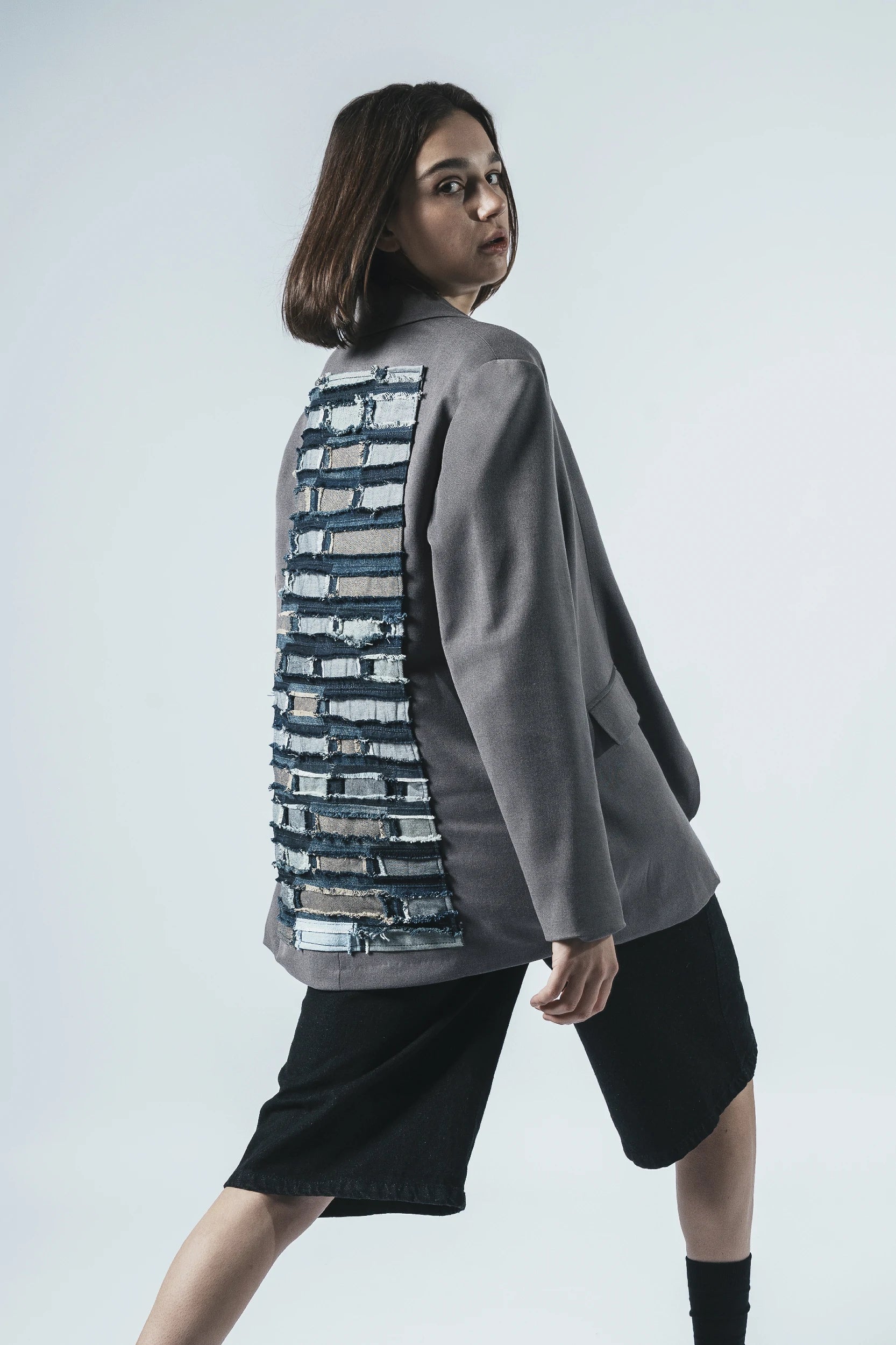 Patchwork Back Panel Blazer — Grey