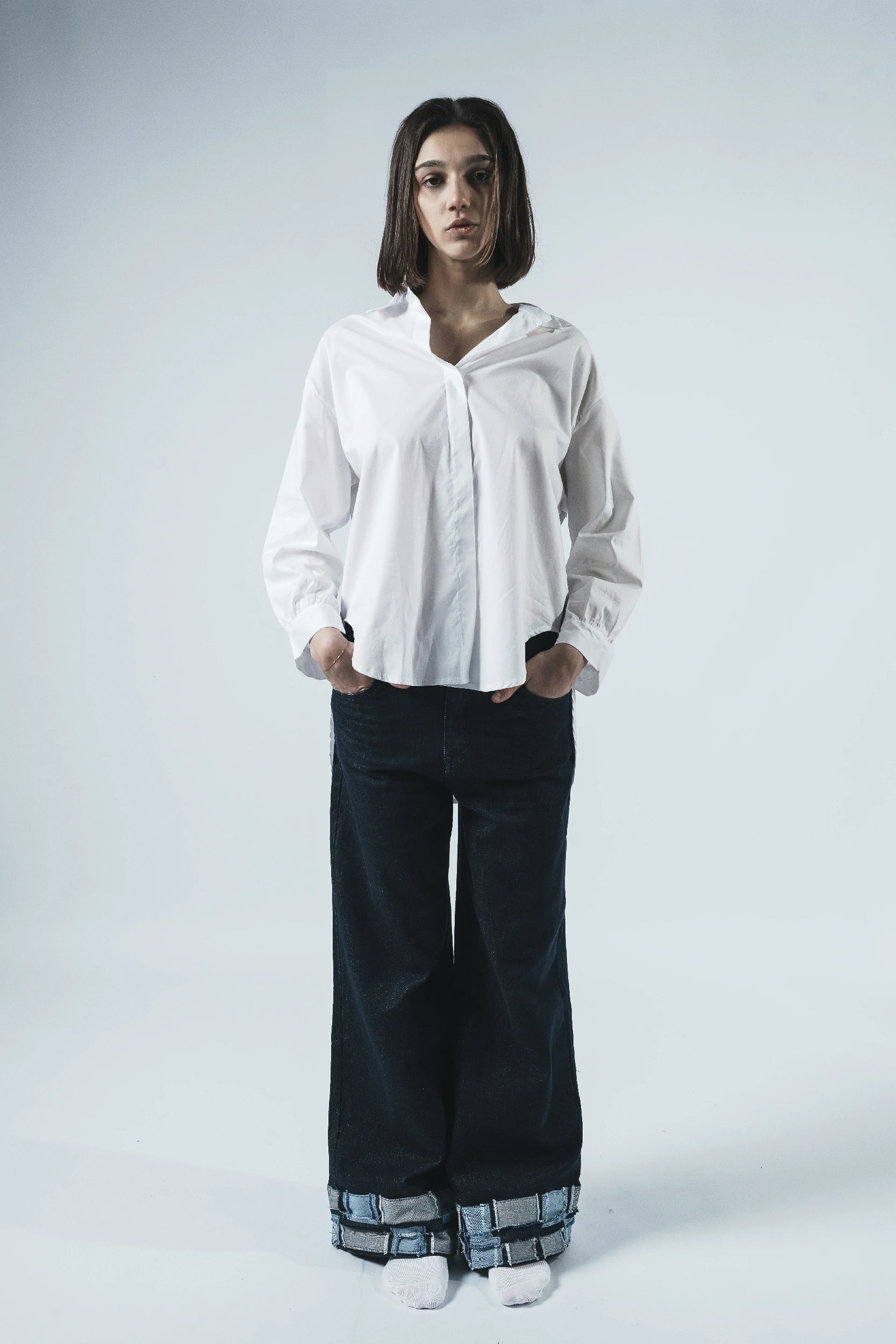 White Patchwork Back Pocket Shirt